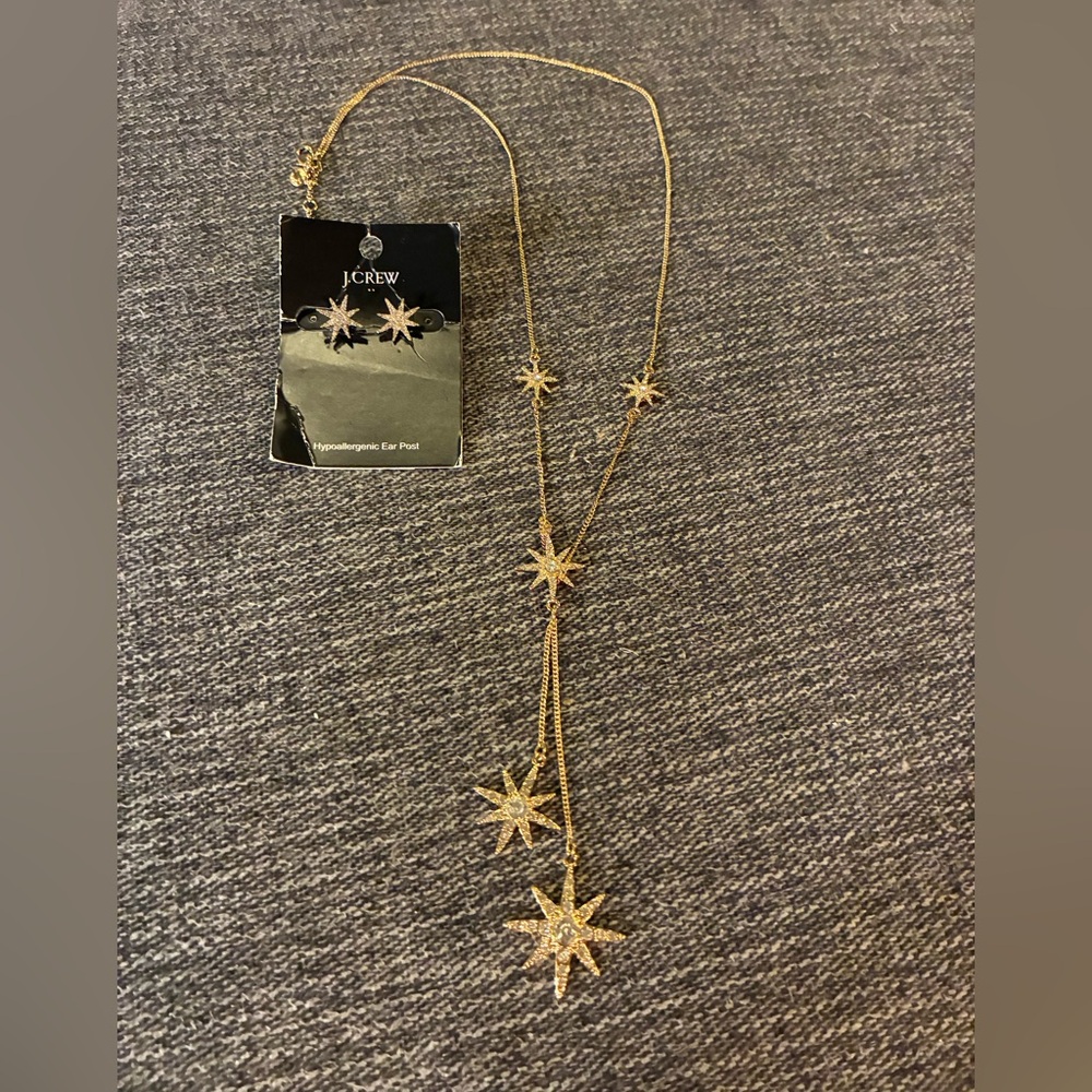 J. Crew Gold Starburst Lariat Necklace with Matching Star Studs